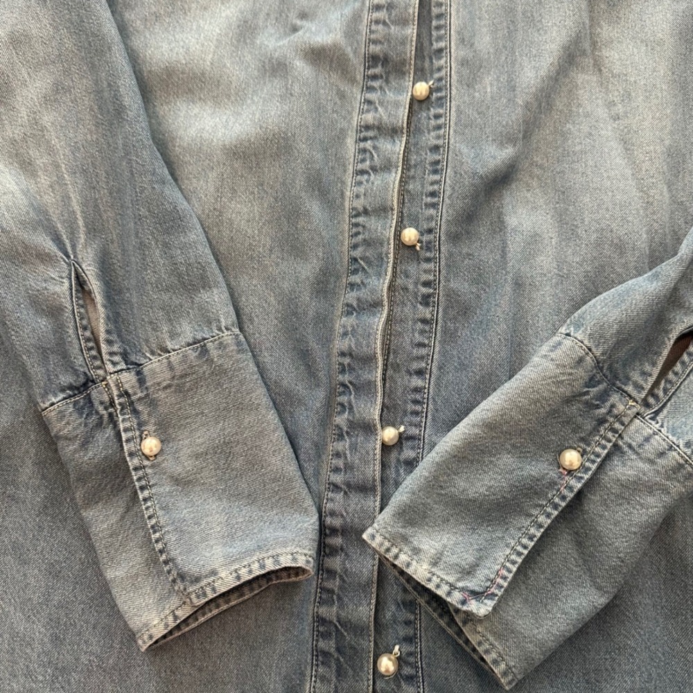 Something Navy Denim Pearl Button Shirt Blue Long Sleeve Casual Womens Top large - Picture 4 of 8